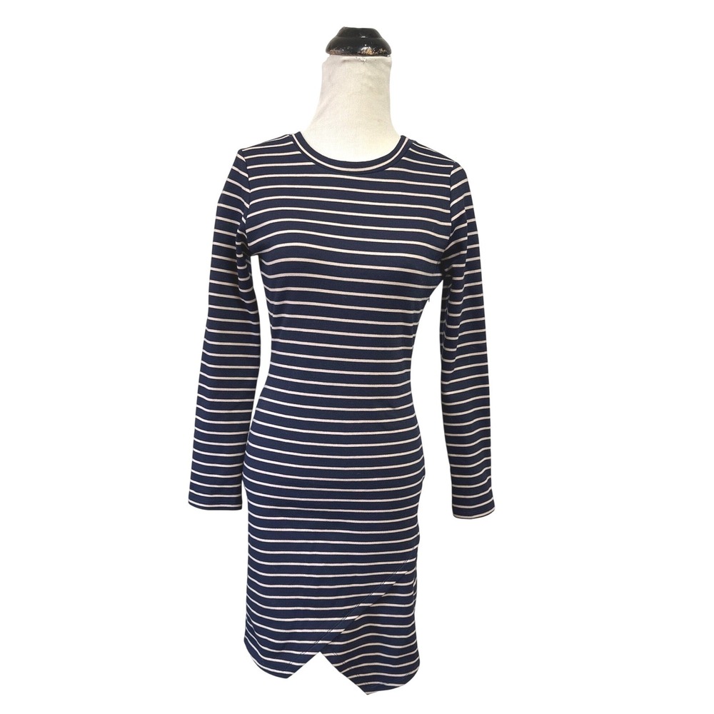 Iris Los Angeles Striped Tulip Hem Bodycon Stretch Dress M NWT Long Sleeve Navy